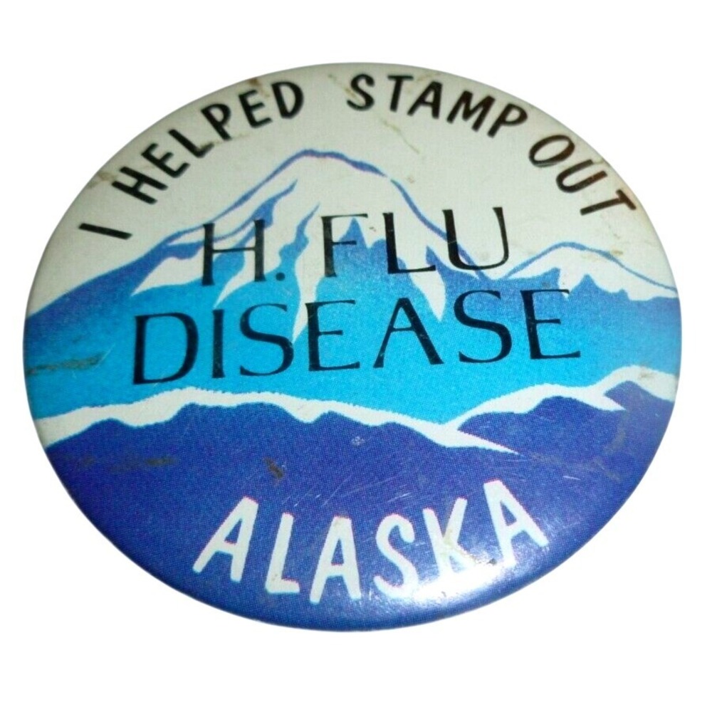 Vintage I Helped Stamp Out H Flu Disease Alaska Medical Pinback Button Blue Vtg‎